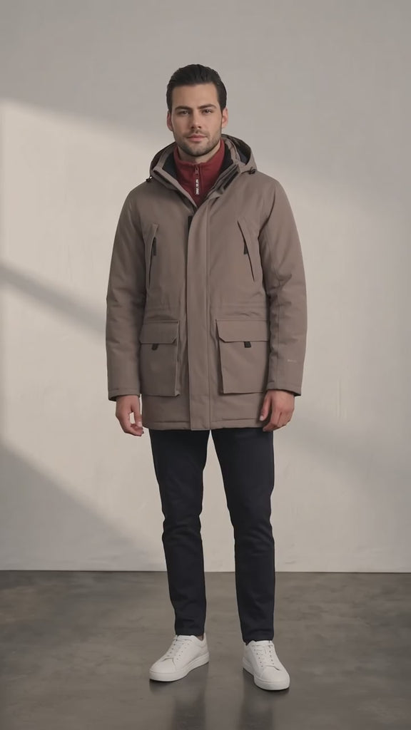 Men's Brown Hooded Parka Jacket with Utility Pockets