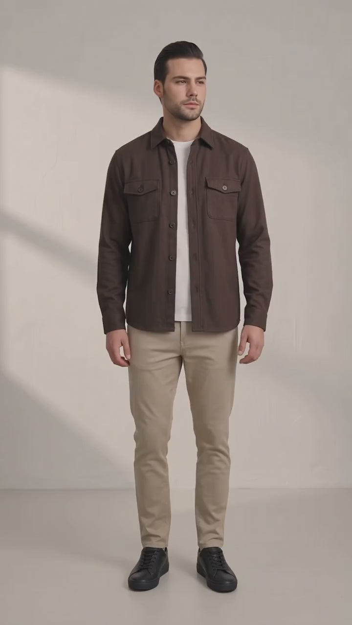 Men's Stretch Twill Overshirt with Chest Pockets - Brown