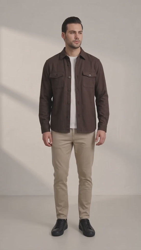 Men's Stretch Twill Overshirt with Chest Pockets - Brown