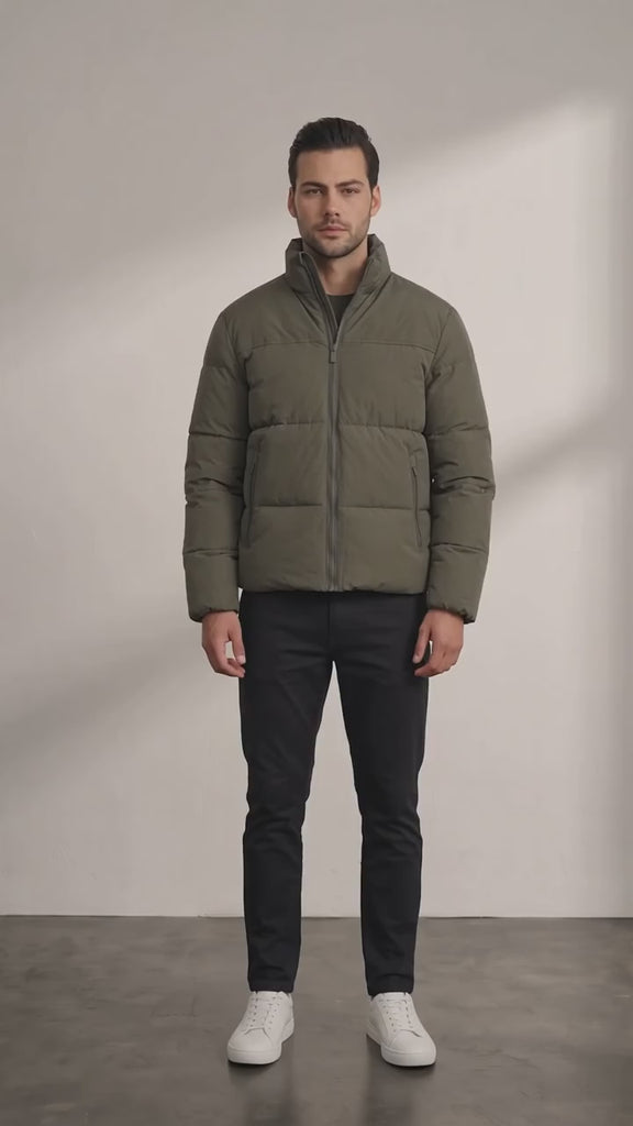 Men's Padded Puffer Jacket with Adjustable Hem - Khaki