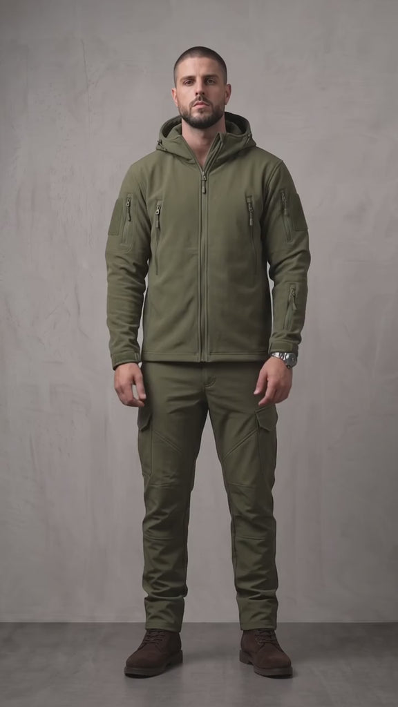 Men's Hooded Softshell Jacket & Trousers Set - Olive Green