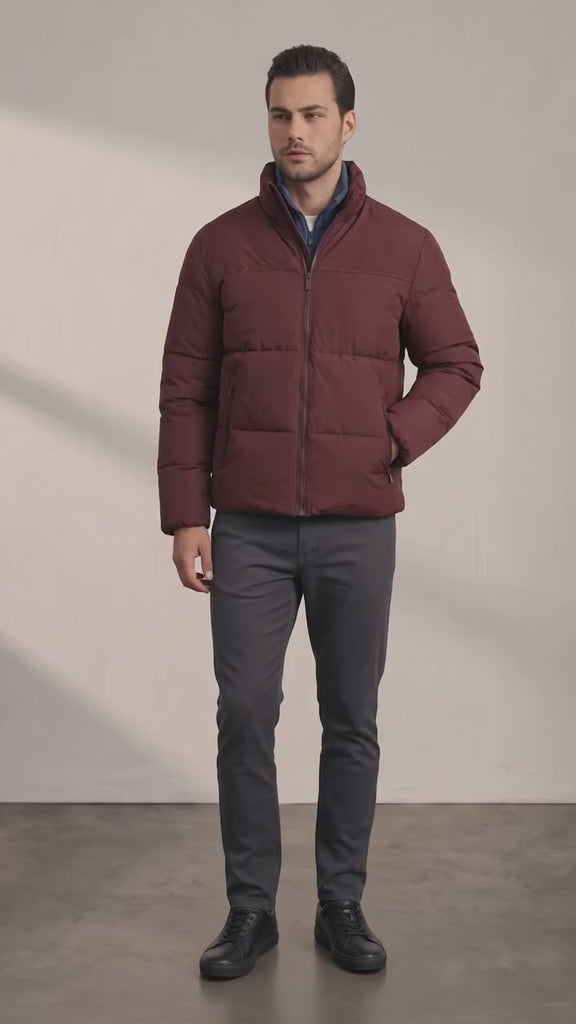 Men's Padded Puffer Jacket with Adjustable Hem - Burgundy