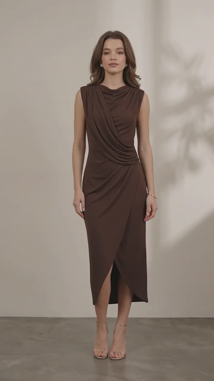 Women's Sleeveless Draped Midi Dress with Front Split