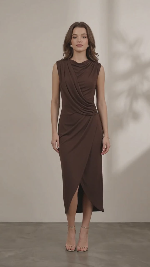 Women's Sleeveless Draped Midi Dress with Front Split