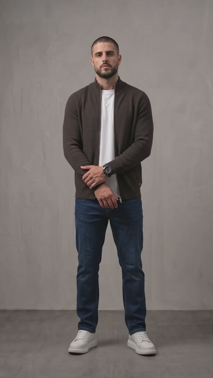 Men's Ribbed Funnel Neck Zip-Through Jumper