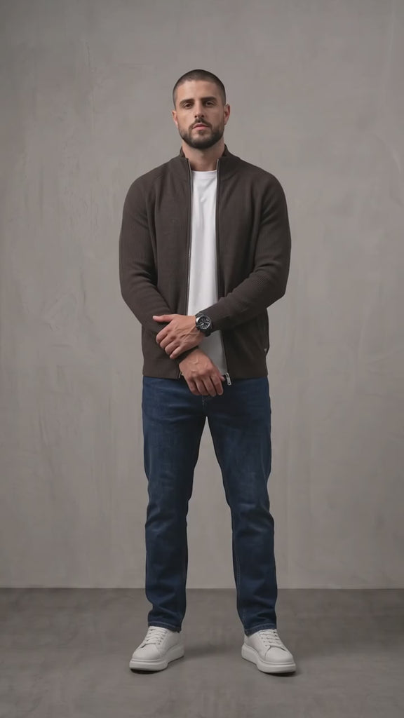 Men's Ribbed Funnel Neck Zip-Through Jumper