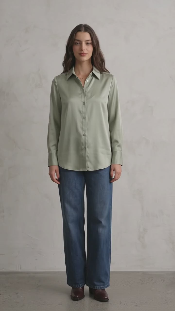 Women's Satin Longline Button-Down Blouse