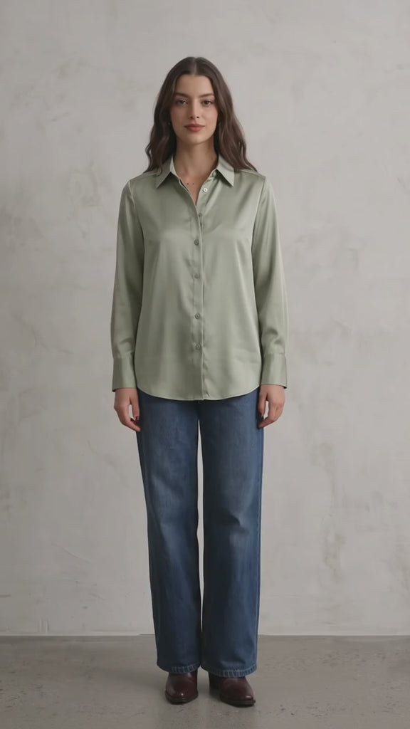Women's Satin Longline Button-Down Blouse