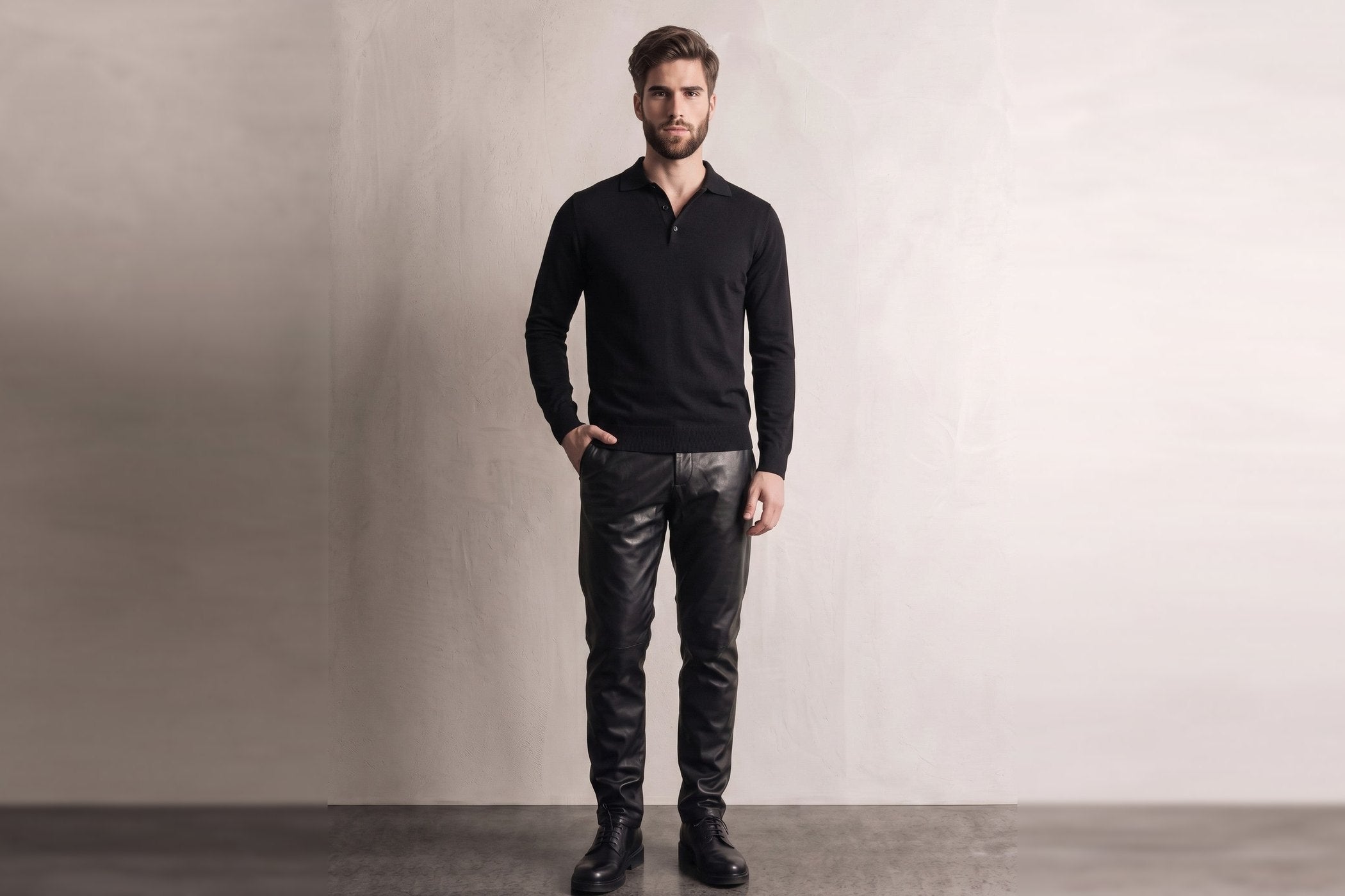 A man in a black long-sleeve polo and black leather trousers standing against a pale wall